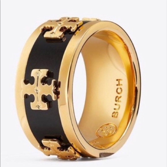 🆕 Tory Burch Authentic Wide Band Black Enamel With Gold Raised Logo Ring 7 - Picture 7 of 10